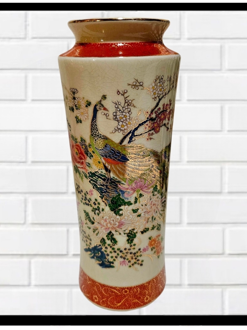 SATSUMA VTG Vase Japanese Hand Painted Peacock Crackle Glaze 12" Gold Accents
